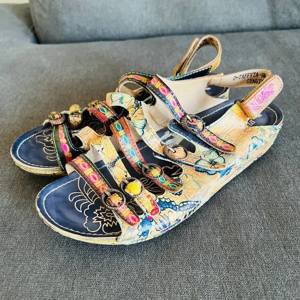 L'Artiste Spring Step Taffyta Leather Sandals 38 Floral Boho Art Teacher Shoes